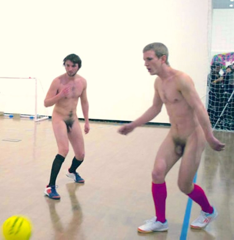 Naked football players in the locker room